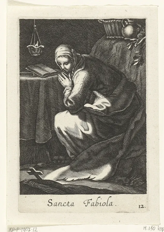 Engraving of a veiled woman kneeling in prayer at a table with an open book, a hanging lamp above and a small cross on the ground, with "Sancta Fabiola" written below