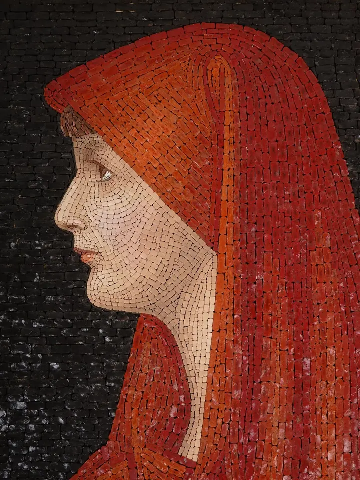 Mosaic portrait in profile of a pale young woman wrapped in a bright red veil against a dark background