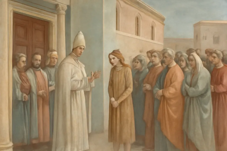 Fresco-style scene of a noblewoman in sackcloth with loose hair standing among penitents outside a great Roman basilica, while clergy and people weep