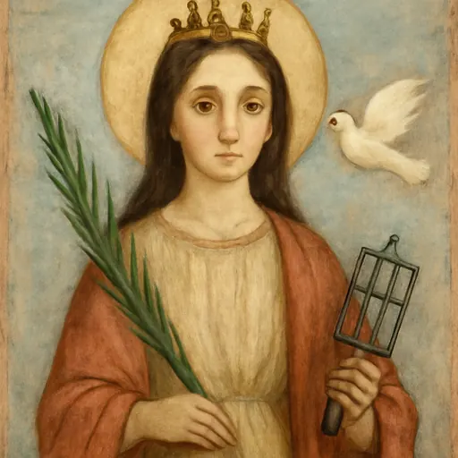 Fresco-style portrait of St. Faith of Agen as a young girl martyr in a red mantle and gold crown, holding a palm branch and a small gridiron