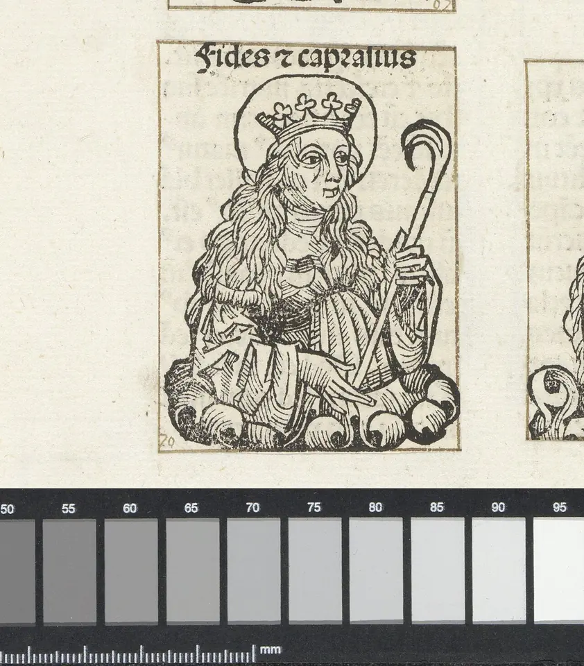 Woodcut of a crowned, haloed young woman with long hair rising from a flower cup, holding a book and a staff, labeled Fides et Caprasius