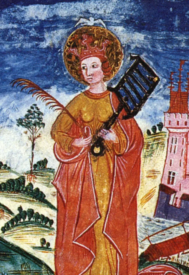 Medieval painting of a young crowned saint with a halo in a red mantle over a gold gown, holding a palm branch and a large iron gridiron, with green hills and a pink tower behind her