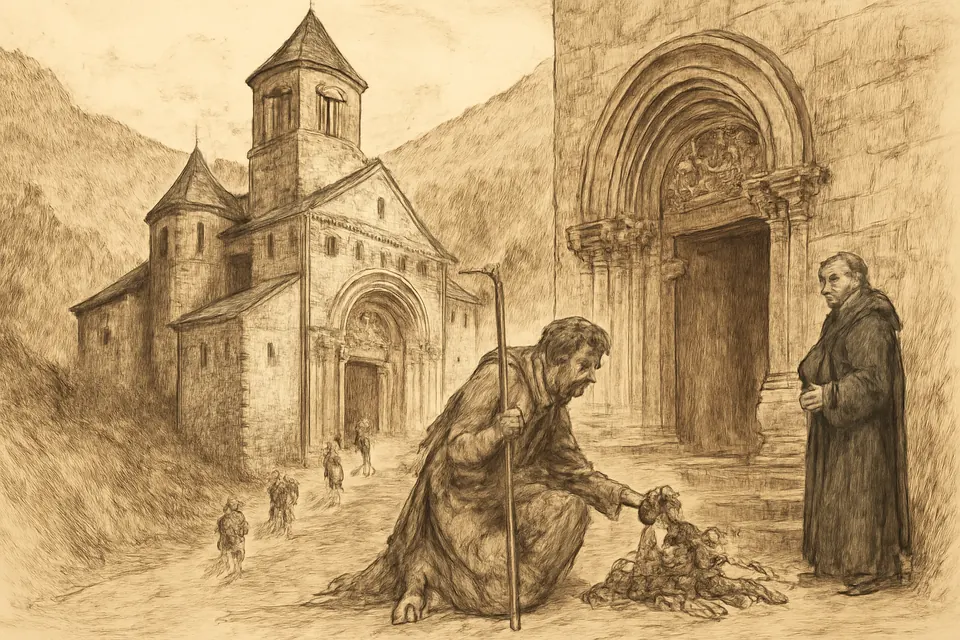 Illustration of a medieval pilgrim offering his broken iron chains at the door of a Romanesque abbey church