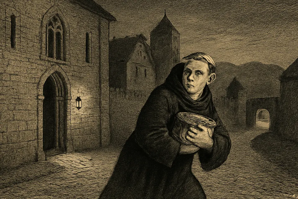 Illustration of a medieval monk leaving a church at night carrying a small wooden reliquary chest