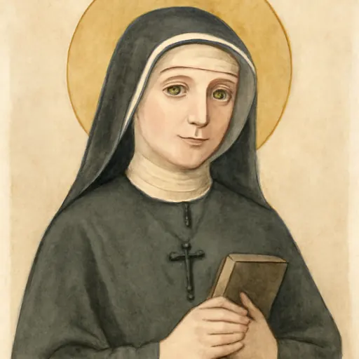 Watercolor holy-card portrait of St. Faustina as a young nun in a black veil with a white coif, holding a small notebook