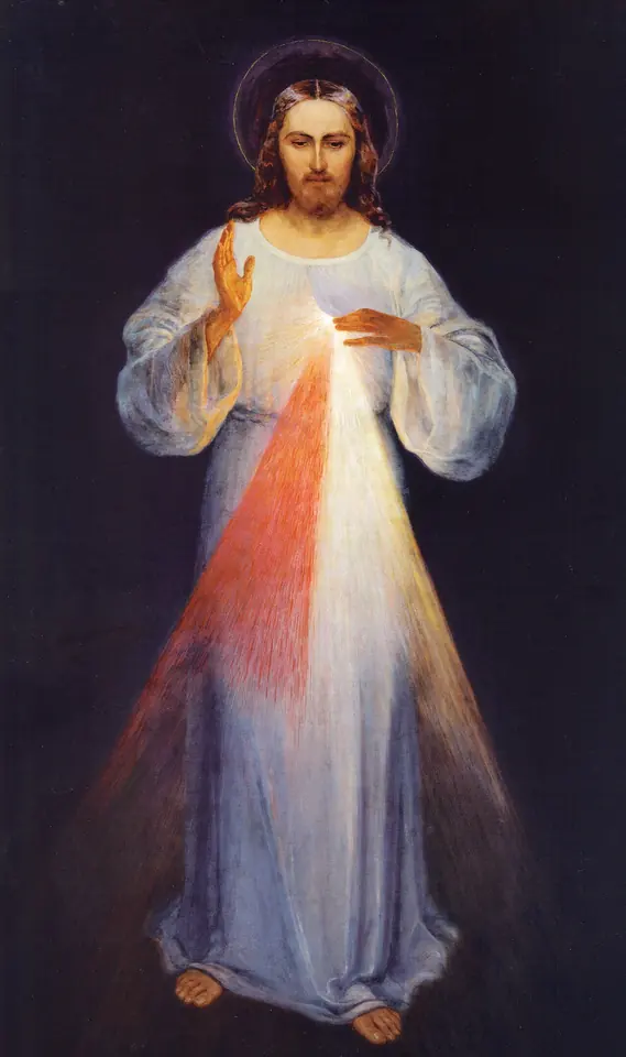 Painting of Christ in a white robe on a dark background, his right hand raised in blessing and his left touching his chest, with a pale ray and a red ray flowing down from his heart