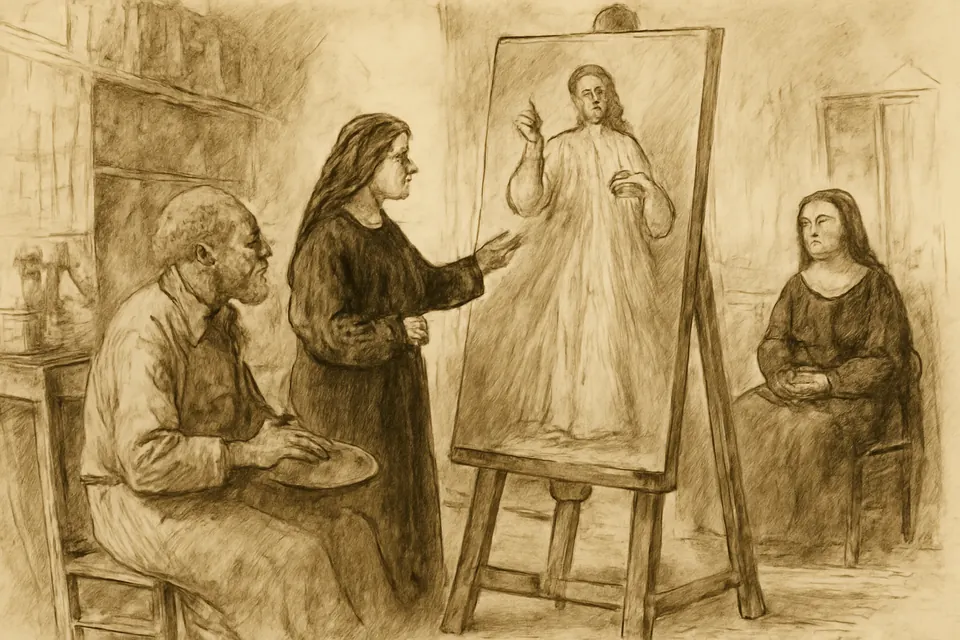 Drawing of a young nun pointing at a half-finished painting of Christ with two rays while an older painter listens at his easel in a 1930s studio