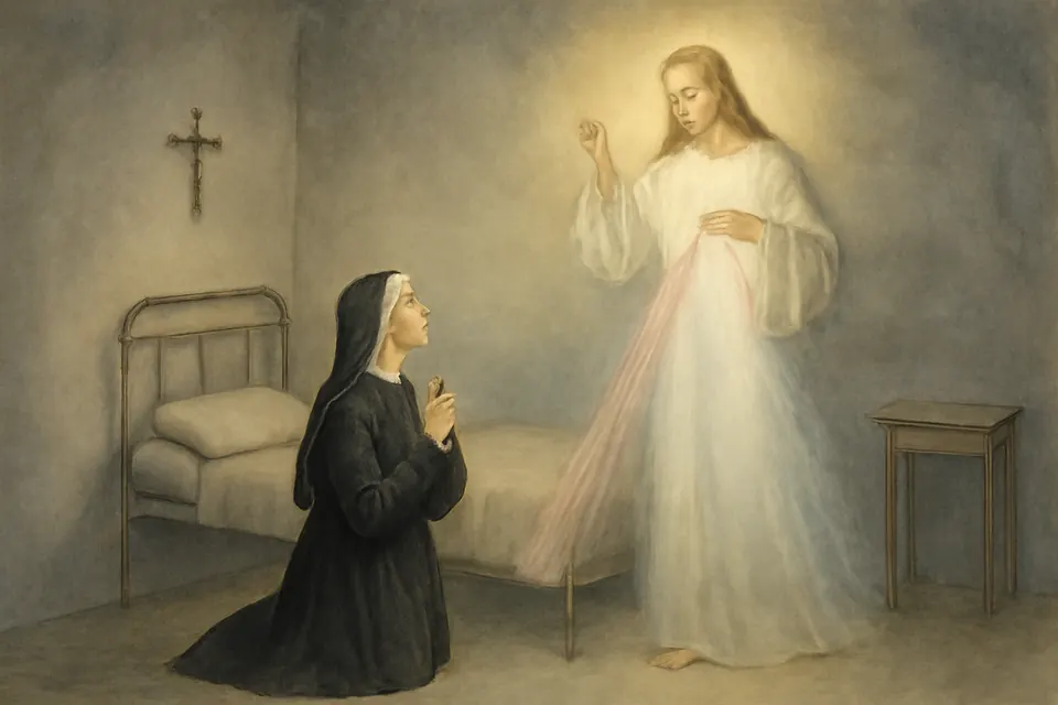En 1931, en su celda de Płock, Faustina vio a Jesús con un rayo pálido y otro rojo: la visión de la que nació la imagen de la Divina Misericordia.