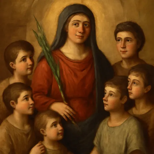 Oil-painting-style portrait of St. Felicitas of Rome, a Roman widow in a dark veil holding a martyr's palm, with seven young sons gathered close around her