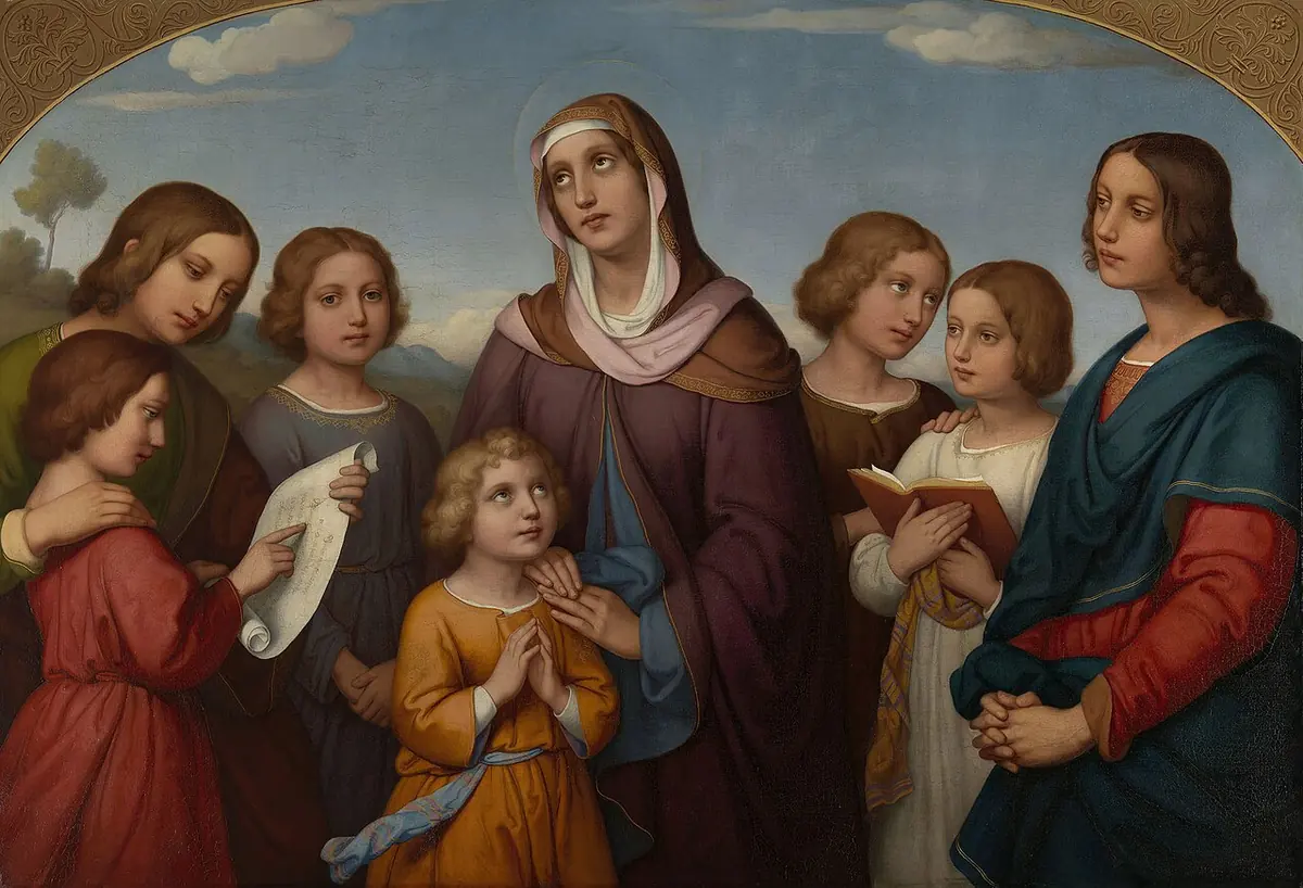A gentle painting of a veiled mother with a halo standing among her seven sons, the smallest boy kneeling at her feet with folded hands