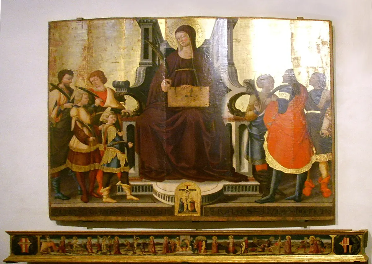 A gold-ground Renaissance altarpiece of a saint enthroned in a dark mantle holding a book, with her seven sons standing on either side in colorful clothes