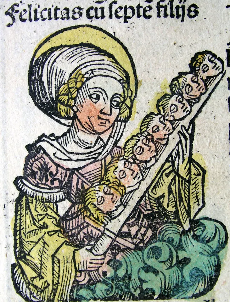 A hand-colored woodcut of a haloed woman in a white headdress holding a long sword on which seven small heads are set, under the Latin words Felicitas cum septem filiis