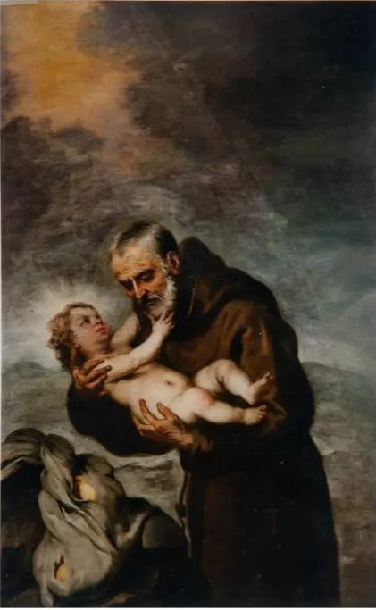 Painting of an old gray-bearded friar in a brown habit holding the Infant Jesus close, the Child touching his beard