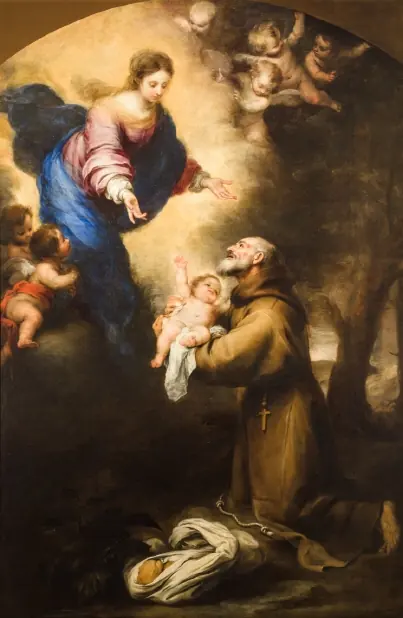 Baroque painting of a kneeling old Capuchin friar receiving the Infant Jesus from the Virgin Mary, who reaches down from golden clouds full of cherubs