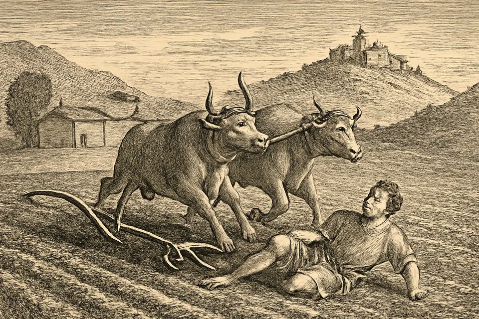 Engraving-style scene of a young farmhand thrown down in front of a plow as two oxen bolt across a field in the hills of central Italy