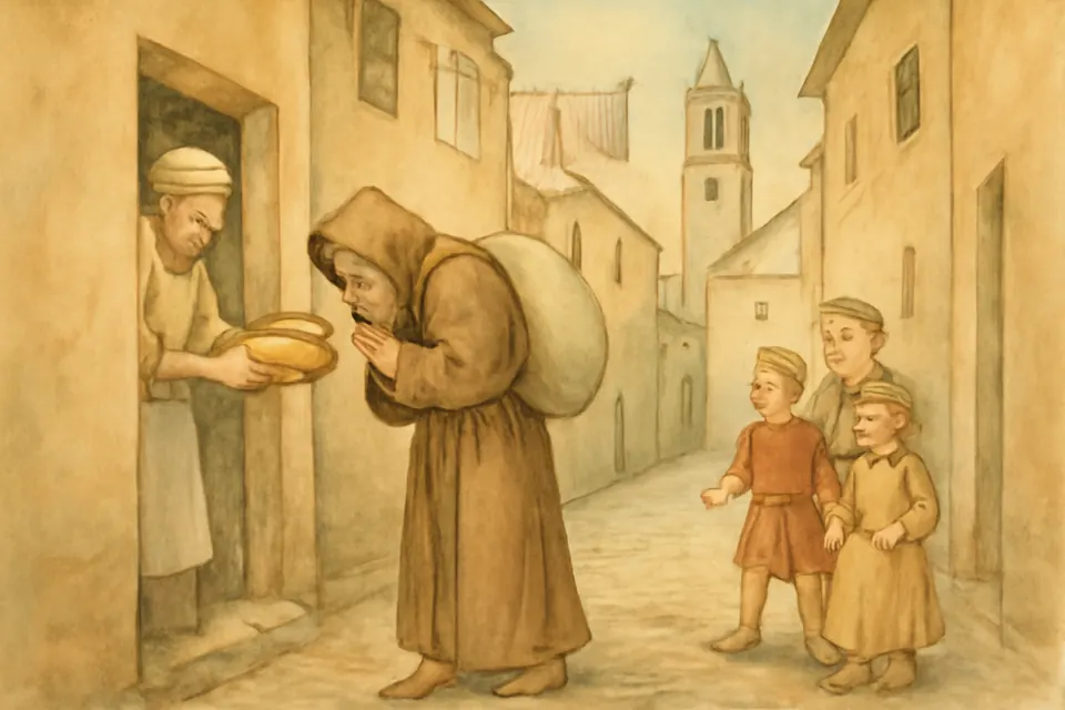 Watercolor-style scene of an old Capuchin brother with an alms sack, greeting a baker at a shop door in a sixteenth-century Roman street while children follow him