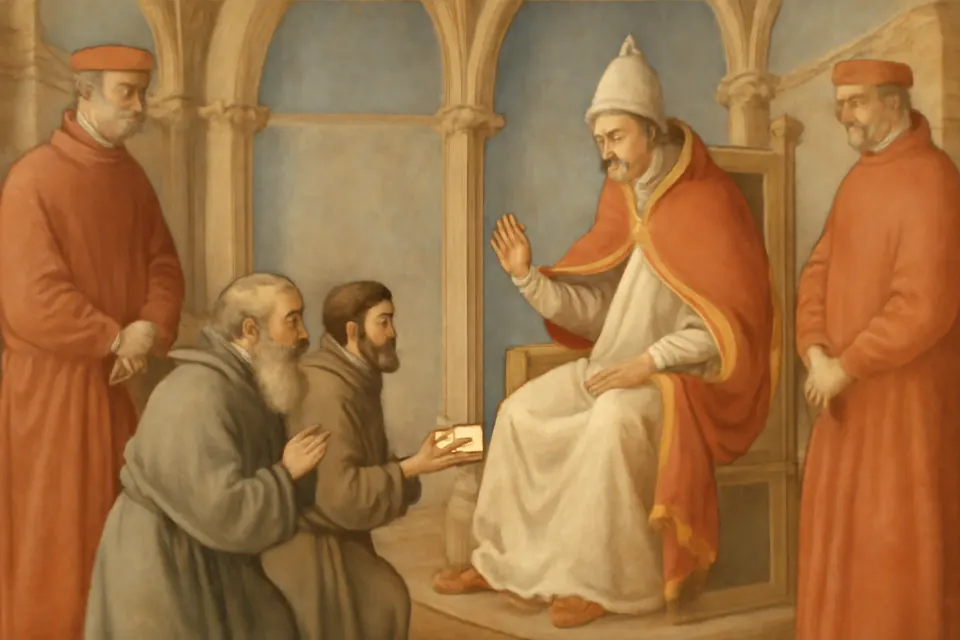 Fresco-style scene of two hermits in plain habits kneeling before Pope Innocent III in a palace hall, presenting a letter of recommendation
