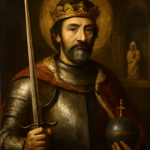 Oil-painting-style portrait of St. Ferdinand III of Castile, a bearded king in armor and an ermine-lined red mantle, wearing a crown and holding an upright sword and a globe