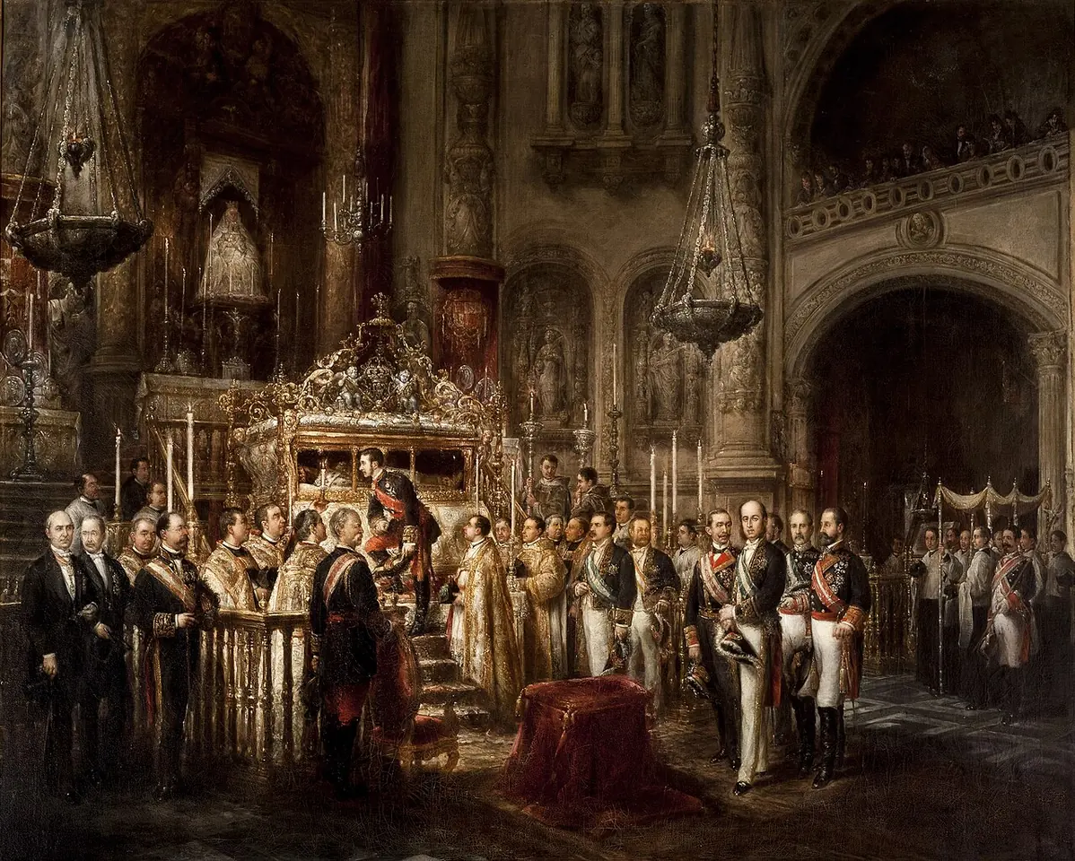 Nineteenth-century painting of a young king and courtiers in dark uniforms gathered in a candlelit chapel before an open silver shrine