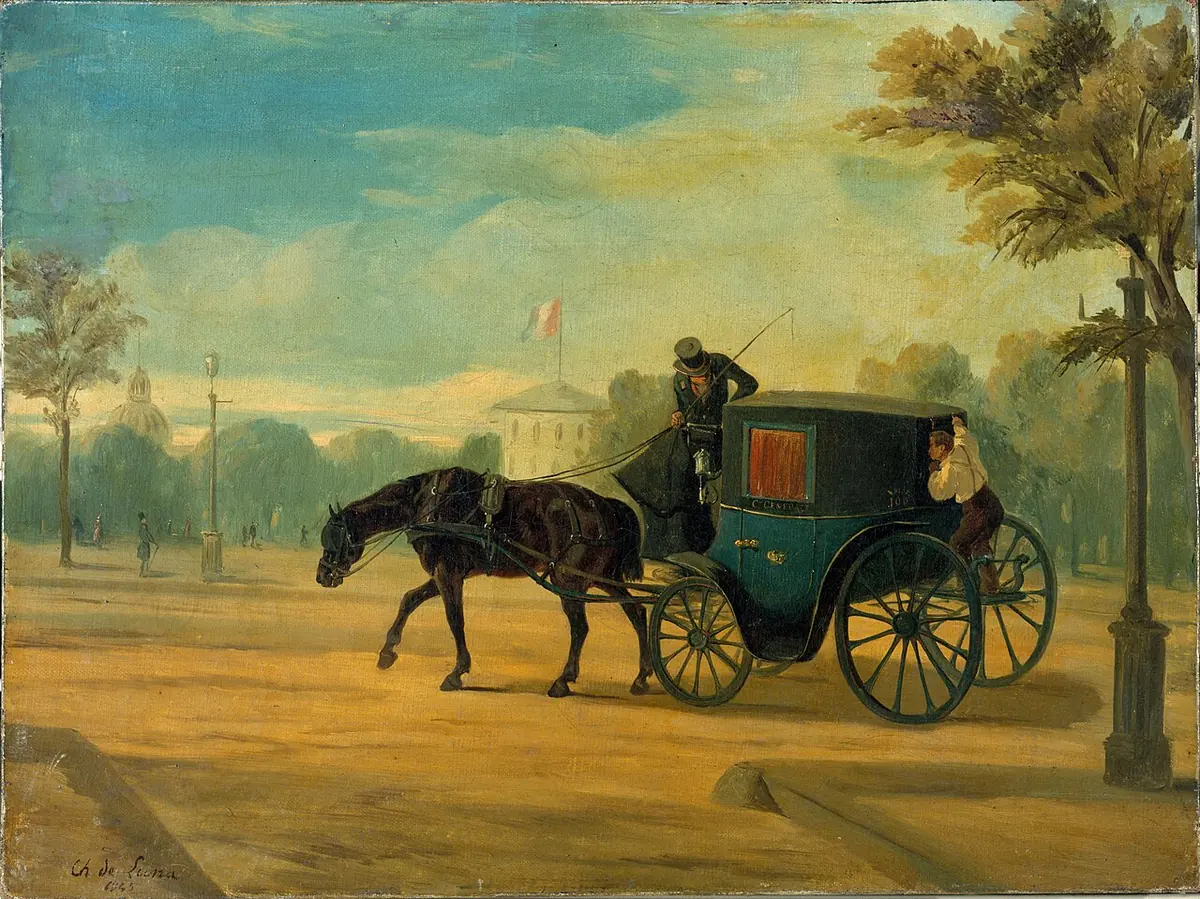 Painting of a green hired carriage drawn by a brown horse, the coachman sitting high on the box, on a sunny Paris boulevard