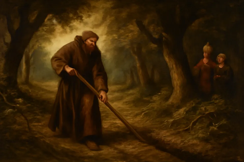 Illustration of St. Fiacre dragging the point of his staff through the forest floor while trees and brambles fall away on either side