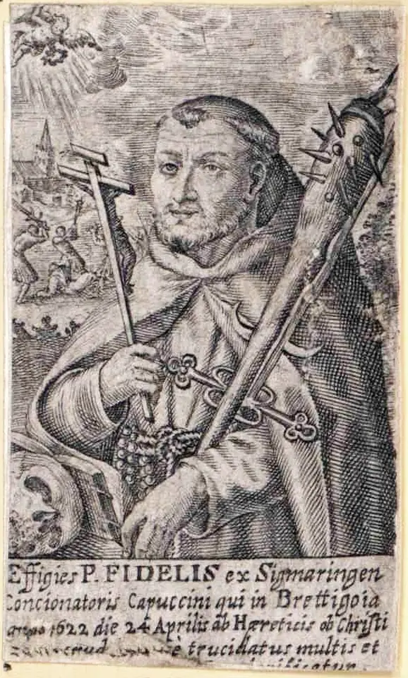 Seventeenth-century engraving of a bearded Capuchin friar holding a crucifix and a spiked club, with a skull at his side and a small scene of his attackers in the background