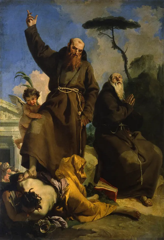 Tiepolo painting of two Capuchin friars on a hillside, the younger one pointing upward to heaven with one foot on a fallen figure while an angel brings a palm, and an old white-bearded friar praying beside him