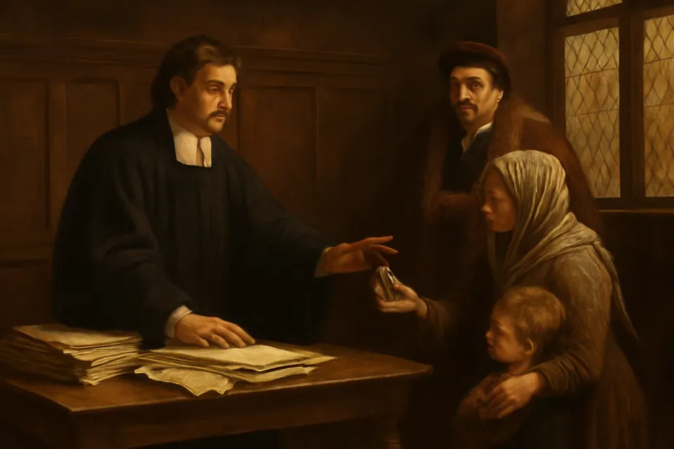 Oil-painting-style scene of a young lawyer in a black gown handing back coins to a poor widow and her son in a 17th-century Alsatian courtroom