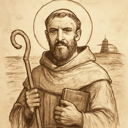 Ink-style portrait of St. Finan of Lindisfarne, a dark-bearded Irish monk-bishop in a plain wool habit with the old Irish tonsure, holding a crozier and a Gospel book by the sea