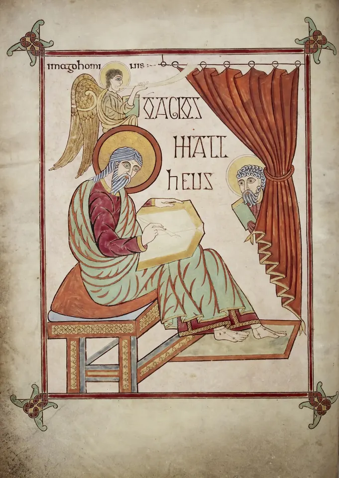An illuminated manuscript page of St. Matthew seated writing in a book, with his symbol, a winged man blowing a trumpet, above him and a bearded figure peering from behind a red curtain