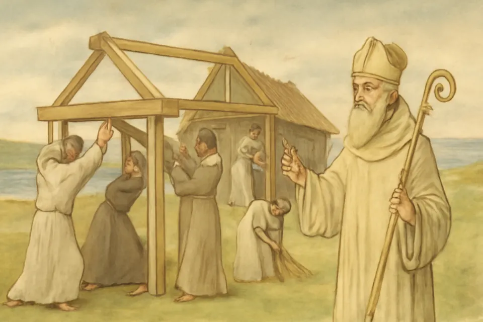Watercolor-style scene of Irish and English monks raising a church of hewn oak timbers and thatching its roof with reeds on a windswept island