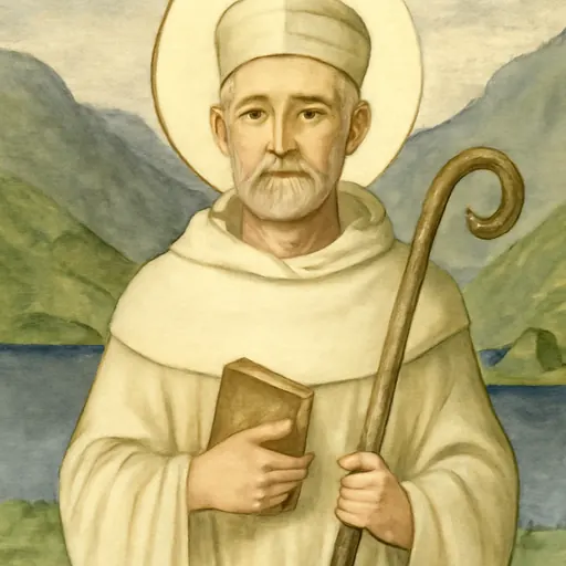 Watercolor-style portrait of St. Finbarr of Cork, a fair-haired Irish bishop with a short golden-gray beard in a plain cloak and simple miter, holding a crozier beside a mountain lake