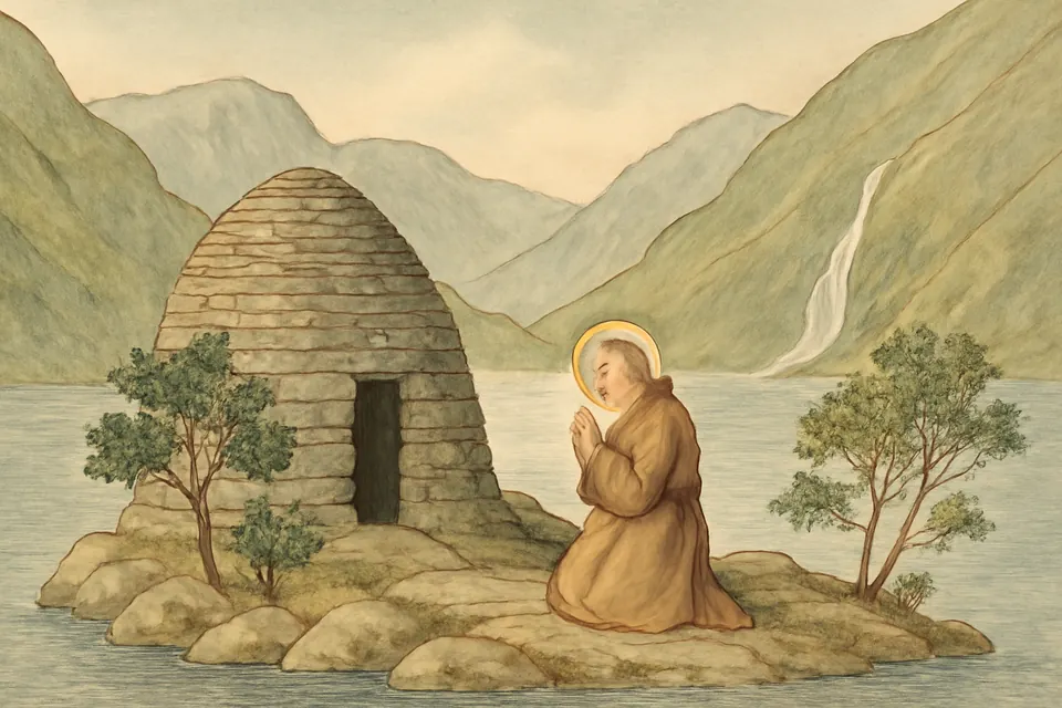 Watercolor-style scene of a young Irish hermit praying outside a small stone cell on a tiny island in a mountain lake