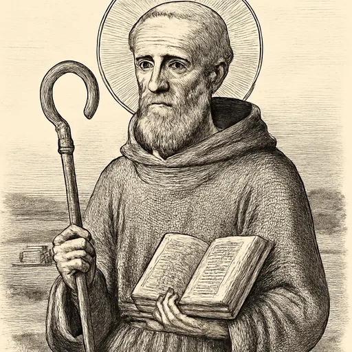 Engraving-style portrait of St. Finnian of Clonard, a thin, white-haired Irish abbot in a plain hooded habit holding a crozier and an open book