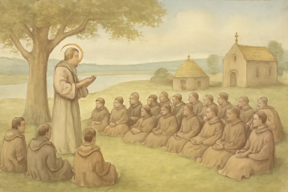 Watercolor-style scene of an old Irish abbot teaching a crowd of young monks seated on the grass by a river