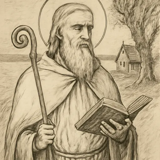 Ink-style portrait of St. Finnian of Moville, an elderly Irish bishop with long fair-gray hair and beard in a plain cloak, holding a crozier and an open Gospel book