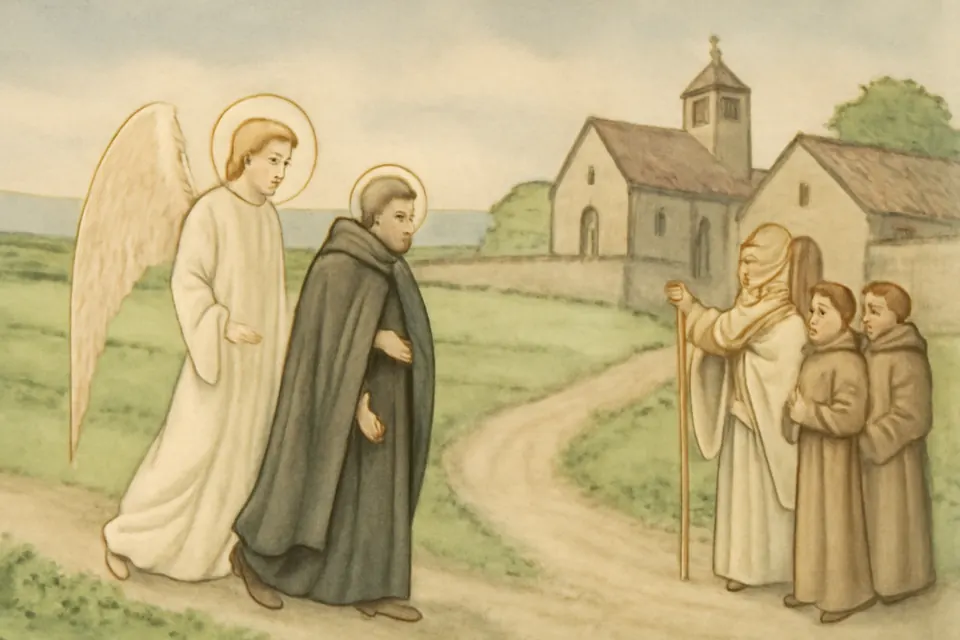 Watercolor-style scene of an old bishop pointing out a traveling monk accompanied by an angel to the brothers beside him