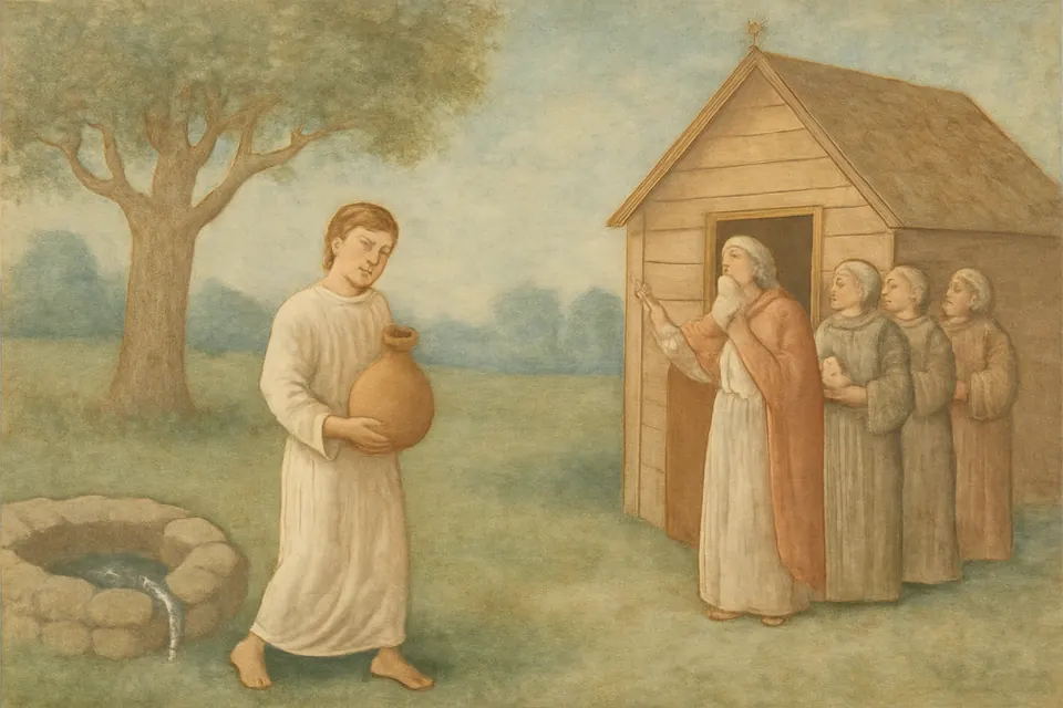 Fresco-style scene of a young deacon carrying a jar of water from a spring toward a small church while an old bishop and monks wait at the door