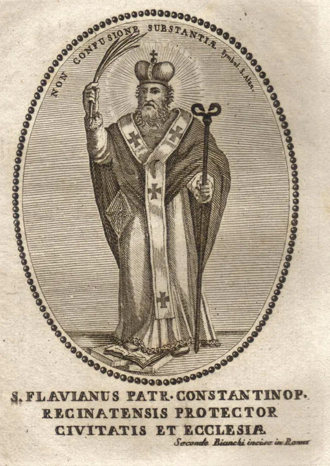 Oval engraving of St. Flavian in patriarchal vestments and crown holding a palm and a pastoral staff, with a Latin inscription below