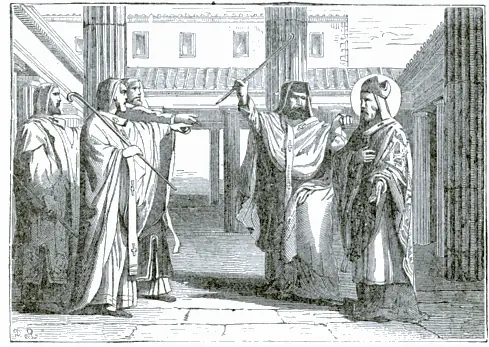 Nineteenth-century engraving of bishops in a colonnaded hall turning angrily on a haloed bishop who stands calmly at the right