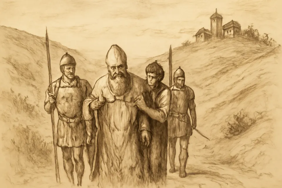 Ink-drawing-style scene of an injured old bishop being led on a road through hills by soldiers
