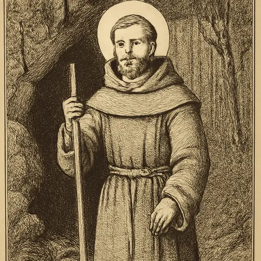 Engraving-style portrait of St. Fraimbault, a sixth-century hermit monk with a short beard and a rough habit, holding a wooden staff at the mouth of a rocky grotto