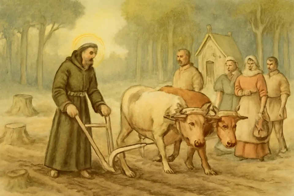 Watercolor-style scene of a monk showing peasants how to clear land and plow a field at the edge of a forest
