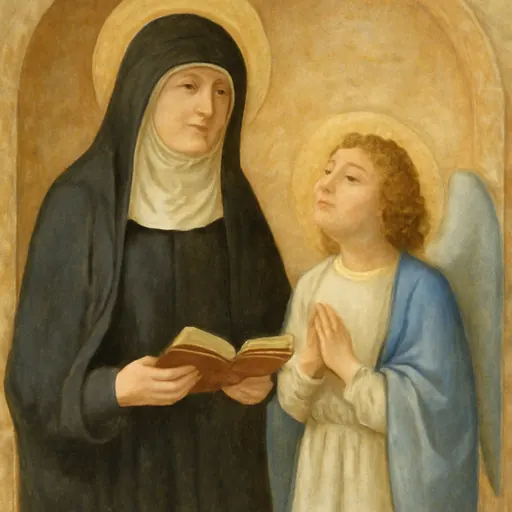 Fresco-style portrait of St. Frances of Rome in the black habit and white veil of a Roman widow, holding a book, with a young angel in a pale tunic standing at her side