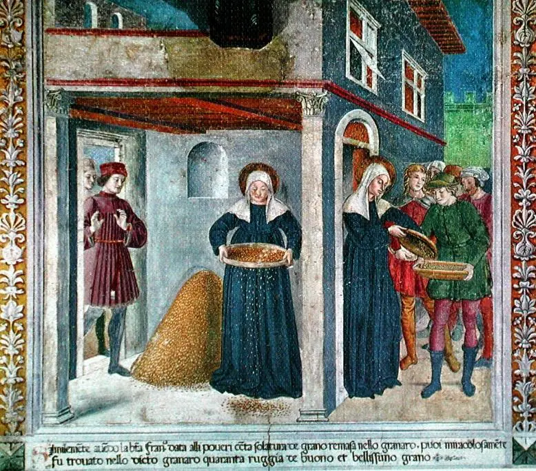 Fresco of St. Frances of Rome in a black dress and white veil holding a sieve of grain beside a great heap of wheat, with another woman and men carrying away grain in baskets