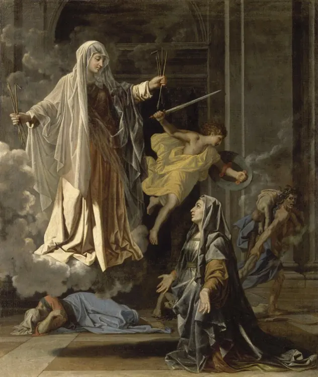 Painting of St. Frances of Rome in a pale veil standing on clouds and holding broken arrows, an angel with a sword flying beside her, while a woman kneels below and a dead man lies on the floor