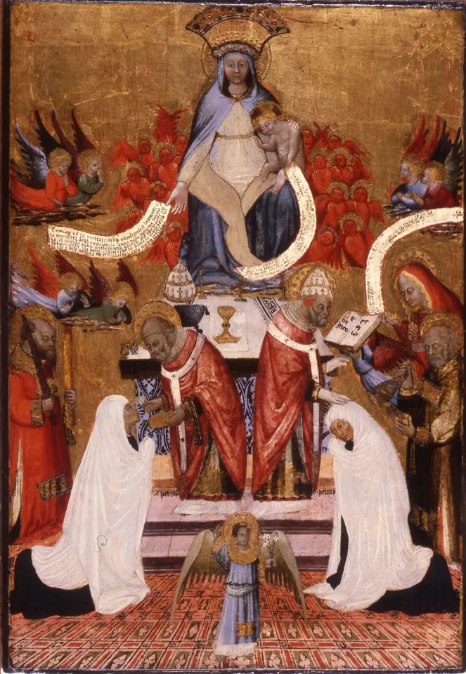 Gold-ground panel painting of the Virgin and Child enthroned above a Mass celebrated by St. Peter in a papal crown, with St. Paul and St. Benedict, and Frances kneeling in a white veil