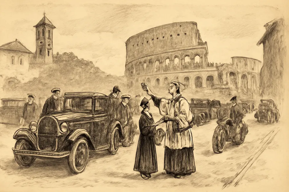 Ink-wash illustration of a priest blessing a line of 1930s motorcars with holy water near the Colosseum in Rome on the feast of St. Frances of Rome