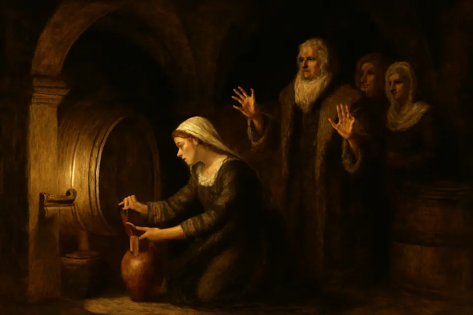 Oil-painting-style illustration of St. Frances of Rome turning the tap of an empty wine cask in a dark cellar while her astonished father-in-law and husband watch wine pour out