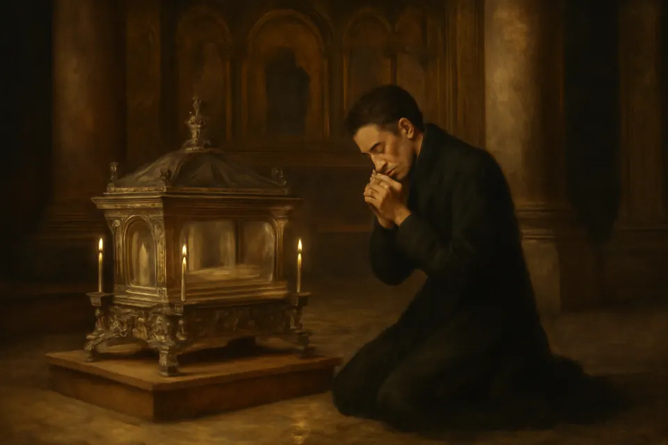Oil-painting-style scene of a young priest kneeling in tears before the reliquary of the Holy Crib in the Basilica of St. Mary Major in Rome
